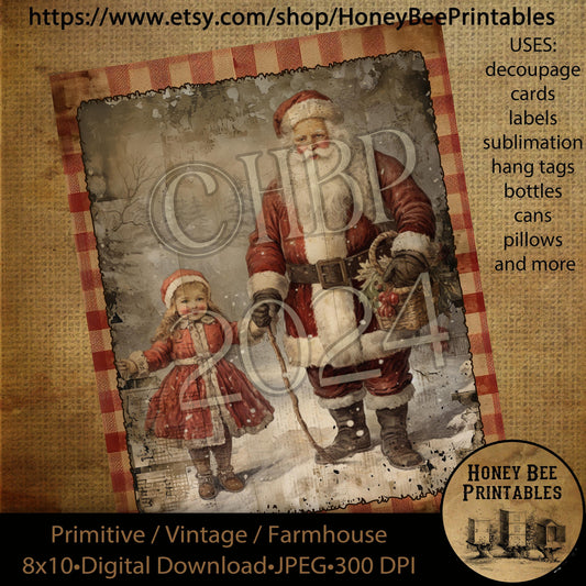 Vintage Primitive Instant Download Printable Decoupage, Christmas, Vintage Christmas, Santa Claus, Little girl, cards, labels, ornaments