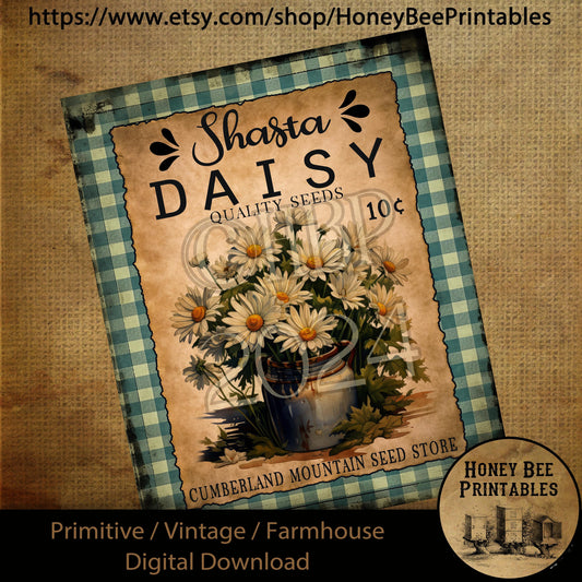 Vintage Digital Download Printable Sublimate Decoupage Primitive, Spring, Summer, Daisies, Wildflowers, Shasta Daisy, Daisies, Seeds