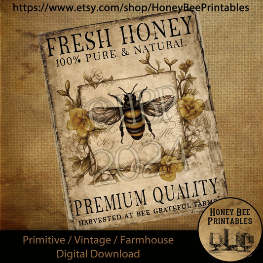 Vintage Digital Download Printable Sublimate Decoupage Primitive, Summer, Honey, Bees, Honey Bee, Bee Grateful , Fresh Honey, HoneyBee