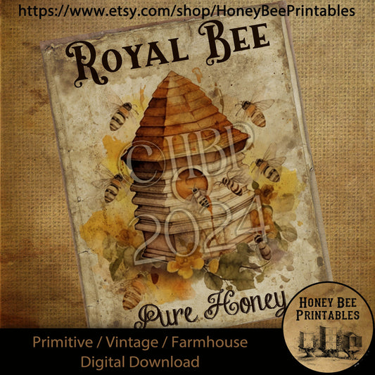 Vintage Digital Download Printable Sublimate Decoupage Primitive, Summer, Honey, Bees, Honey Bee, Royal Bee, Pure Honey, Hive, Bee Skep