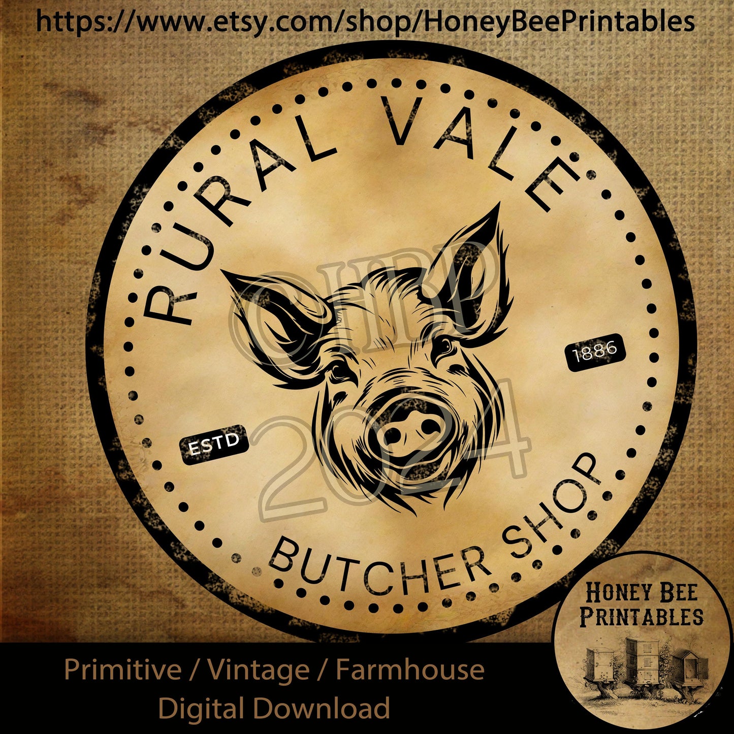 Vintage Primitive Farmhouse Digital Download Printable Sublimation Decoupage 10 inch Round Label, Rural Vale Butcher Shop, Pig, Round Signs