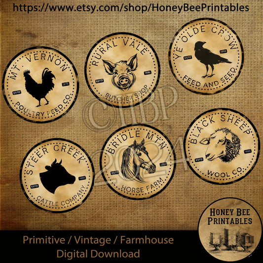 Vintage Primitive Farmhouse Digital Download Printable Decoupage 3 in Round Label, Farm Animal Labels, Pig, Horse, Cow, Sheep, Crow, Rooster