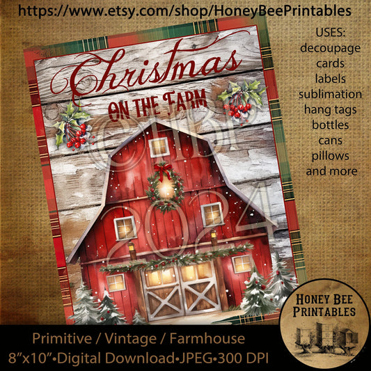 Vintage Primitive Instant Download Printable Decoupage, Christmas, Vintage Christmas, Christmas on the Farm, Barn, Red Barn