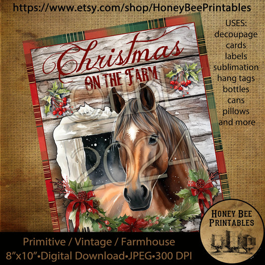Vintage Primitive Instant Download Printable Decoupage, Christmas, Vintage Christmas, Christmas on the Farm, Horse, Christmas Horse