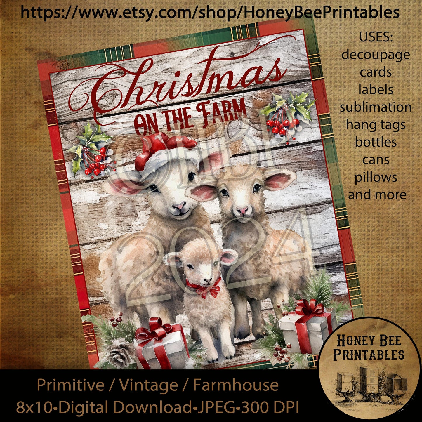 Vintage Primitive Instant Download Printable Decoupage, Christmas, Vintage Christmas, Christmas on the Farm, Sheep, Lamb, Christmas Sheep