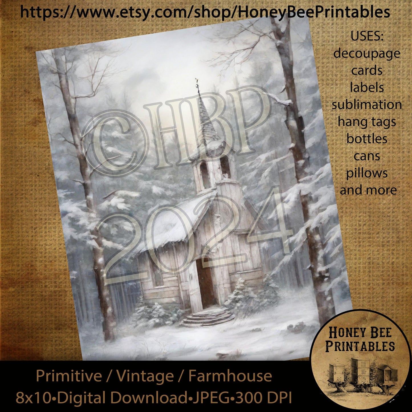 Vintage Primitive Instant Download Printable Decoupage, Christmas, Vintage Christmas, Christmas Chapel, Old White Winter Chapel, Shabby