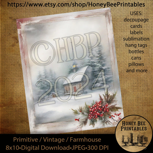 Vintage Primitive Instant Download Printable Decoupage, Christmas, Vintage Christmas, Christmas Chapel, Old White Winter Chapel, Berries