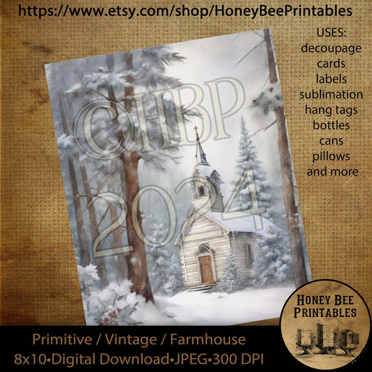 Vintage Primitive Instant Download Printable Decoupage, Christmas, Vintage Christmas, Christmas Chapel, Old White Winter Chapel 01, Shabby