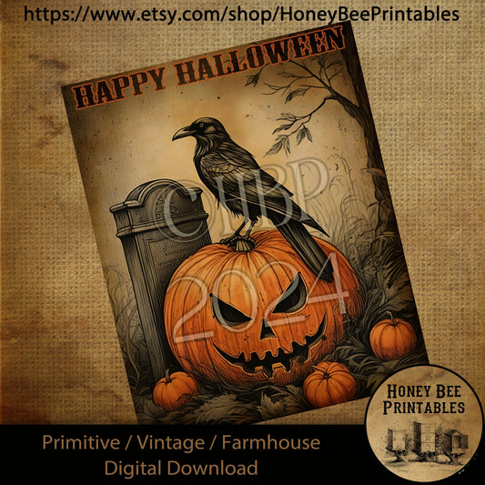 Vintage Digital Download Printable Decoupage Primitive, Old Crow, Fall, Autumn, Happy Halloween, Headstone, Spooky, Jack-O-Lantern, Pumpkin