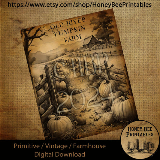Vintage Digital Download Printable Decoupage Primitive, Pumpkins on Fence Row, pumpkins, Pumpkin Patch, Pumpkin Farm, Fall, Autumn, Harvest