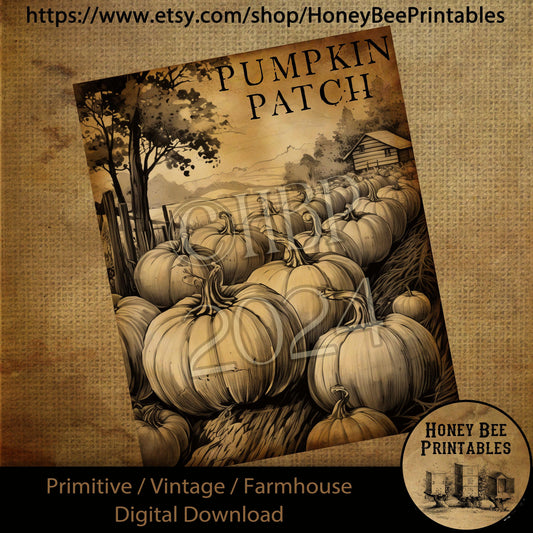 Vintage Digital Download Printable Decoupage Primitive, Pumpkins at Farm, Fence row, Pumpkin Patch, Pumpkin Farm, Fall, Autumn, Harvest