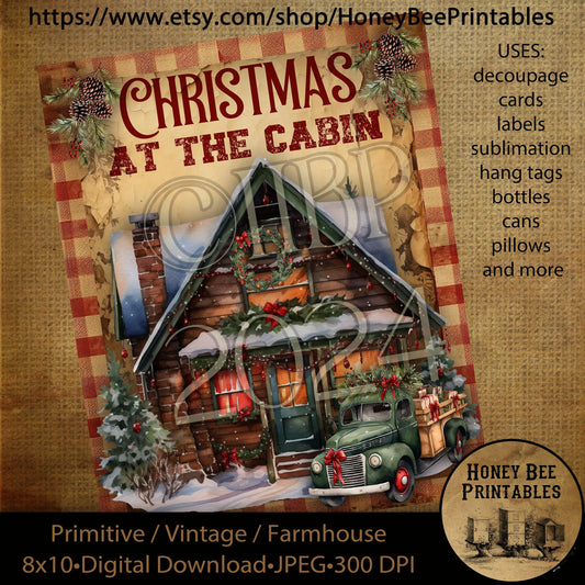 Vintage Primitive Instant Download Printable Decoupage, Christmas, Vintage Christmas, Christmas at the Cabin, Old Truck, Green Truck,