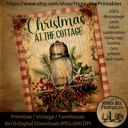 Vintage Primitive Instant Download Printable Decoupage, Christmas, Vintage Christmas, Christmas at the Cottage, Cottage, Lantern, Pine Cones