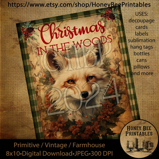 Vintage Primitive Instant Download Printable Decoupage, Vintage Christmas, Country, Christmas in the Woods, Woodland Animals, Fox