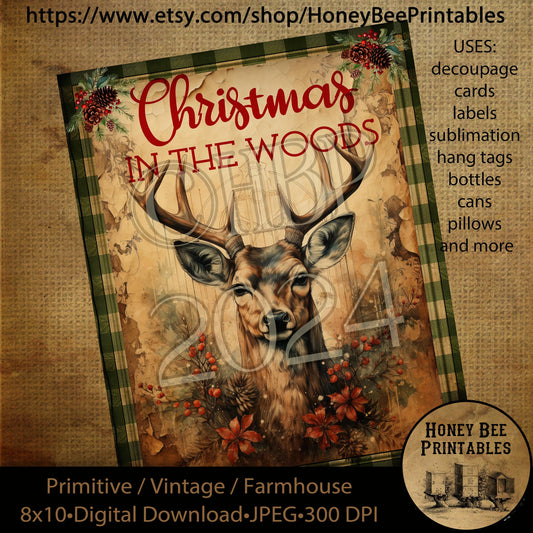 Vintage Primitive Instant Download Printable Decoupage, Vintage Christmas, Country, Christmas in the Woods, Woodland Animals, Deer, Buck