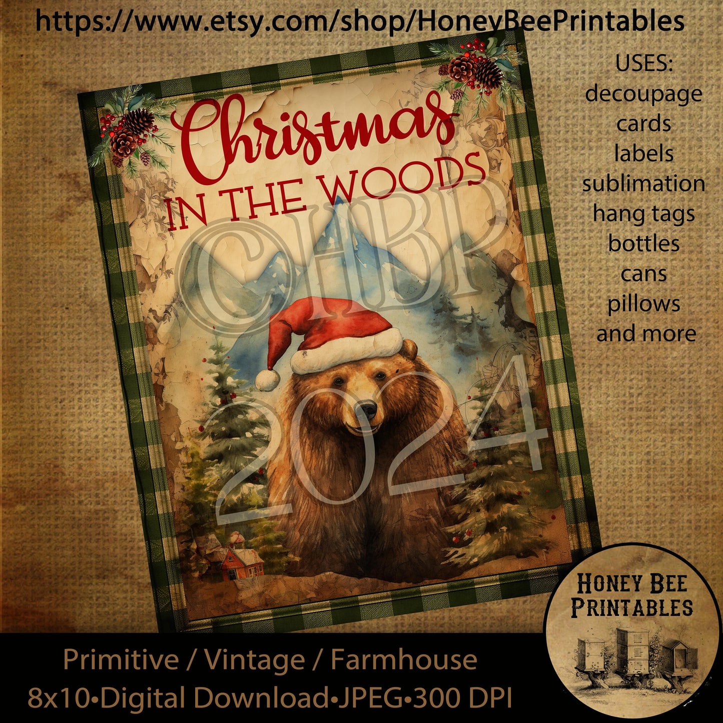 Vintage Primitive Instant Download Printable Decoupage, Vintage Christmas, Country, Christmas in the Woods, Woodland Animal, Bear, Santa Hat