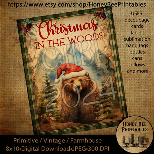 Vintage Primitive Instant Download Printable Decoupage, Vintage Christmas, Country, Christmas in the Woods, Woodland Animal, Bear, Santa Hat