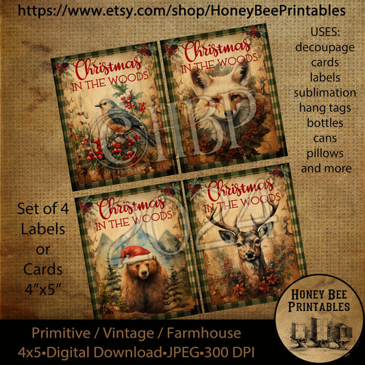 Vintage Primitive Instant Download Printable Decoupage, Christmas in the Woods, Woodland Animals, Fox, Bear, Deer, Bird, Set/4 cards, labels
