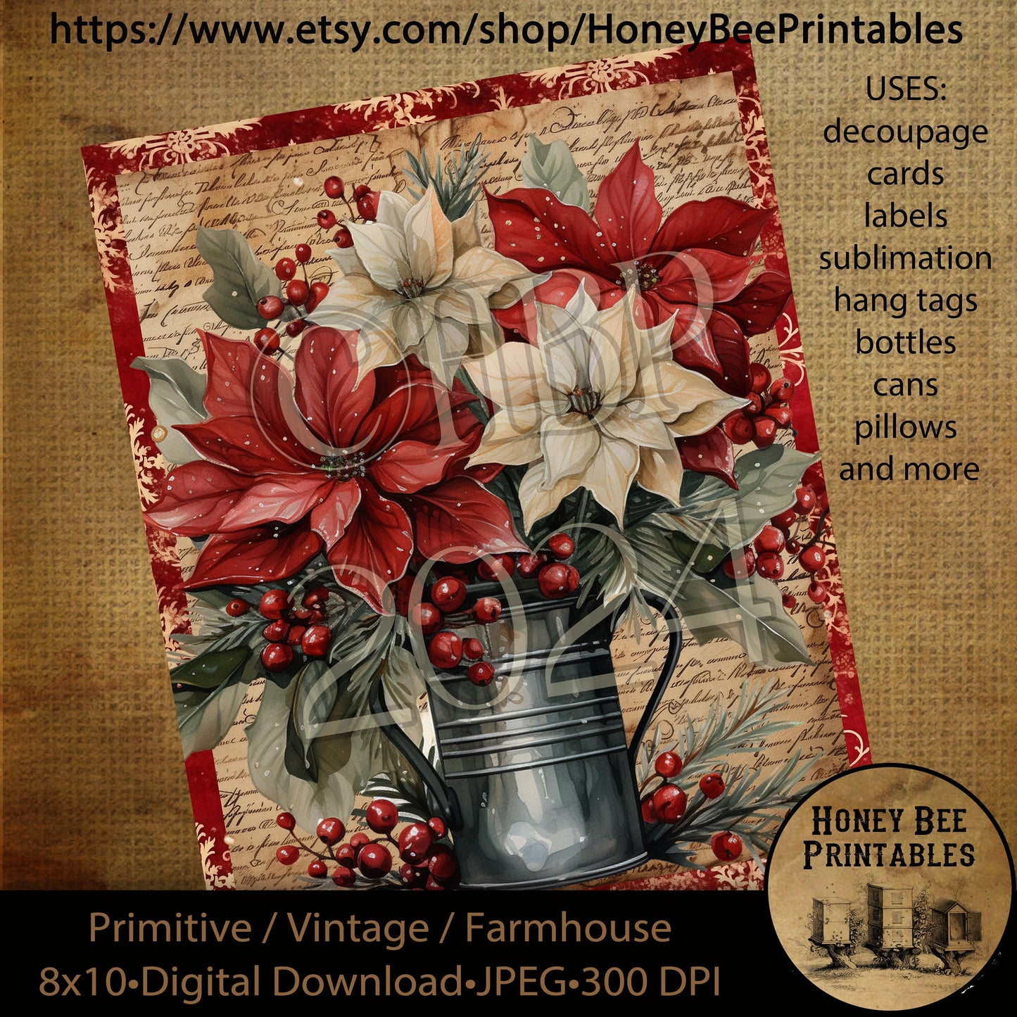 Vintage Primitive Instant Download Printable Decoupage, Christmas Florals, Poinsettias, Rustic Watering Can, Christmas Floral Arrangement 01