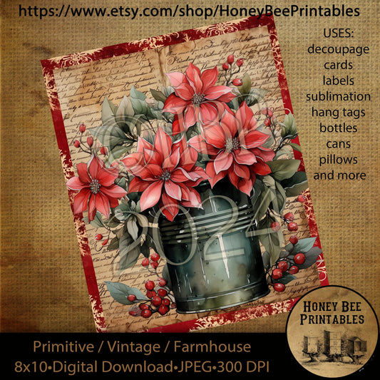 Vintage Primitive Instant Download Printable Decoupage, Christmas Florals, Poinsettias, Rustic Watering Can, Christmas Floral Arrangement 02