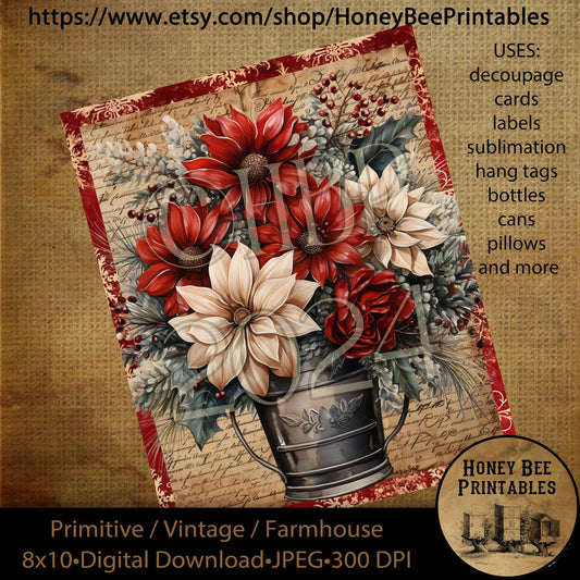 Vintage Primitive Instant Download Printable Decoupage, Christmas Florals, Poinsettias, Rustic Watering Can, Christmas Floral Arrangement 04