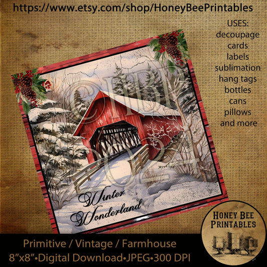 Vintage Primitive Instant Download Printable Decoupage, Christmas, Winter, Winter Wonderland, Red Covered Bridge, Snow, Winter Art, 8x8