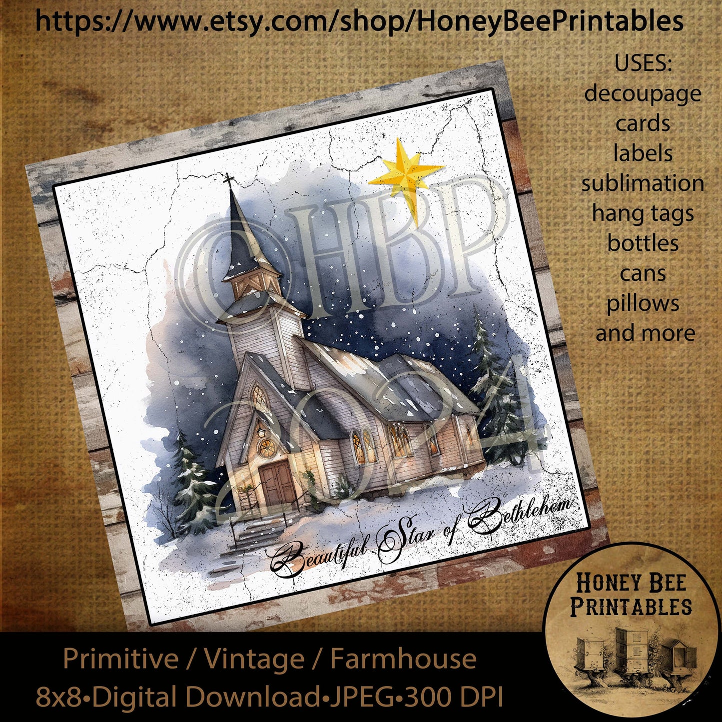 Vintage Primitive Instant Download Printable Decoupage, Christmas Chapel, Beautiful Star of Bethlehem, Christmas Star, Snowy Chapel, 8x8