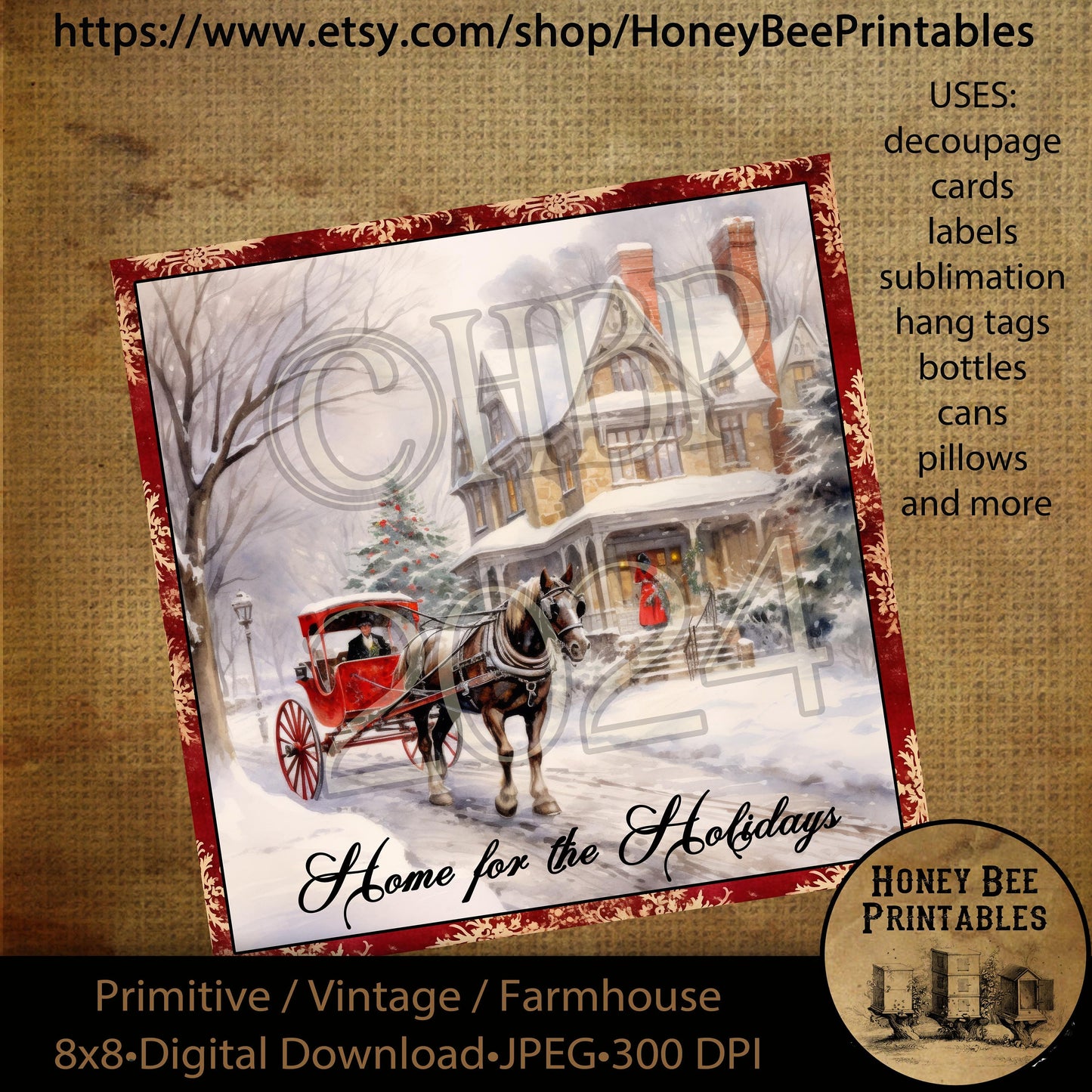 Vintage Primitive Instant Download Printable Decoupage, Christmas, Home for the holidays, Victorian Christmas, Old Fashioned, 8x8