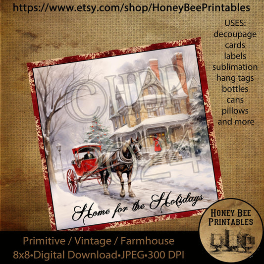 Vintage Primitive Instant Download Printable Decoupage, Christmas, Home for the holidays, Victorian Christmas, Old Fashioned, 8x8