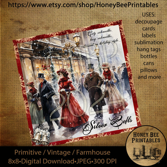 Vintage Primitive Instant Download Printable Decoupage, Christmas, Silver Bells, Victorian Christmas, Old Fashioned, 8x8
