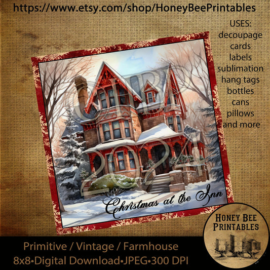 Vintage Primitive Instant Download Printable Decoupage, Christmas at the Inn, Victorian Christmas, Old Fashioned, 8x8