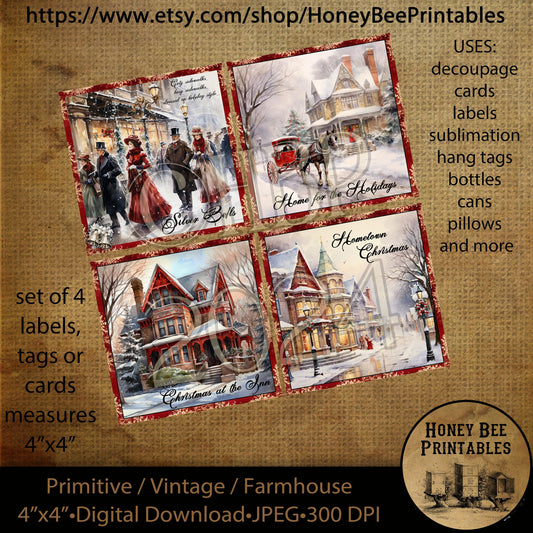 Vintage Primitive Instant Download Printable Decoupage, Victorian Christmas, Home for the Holidays, Hometown,  Set of 4 cards, labels, tags