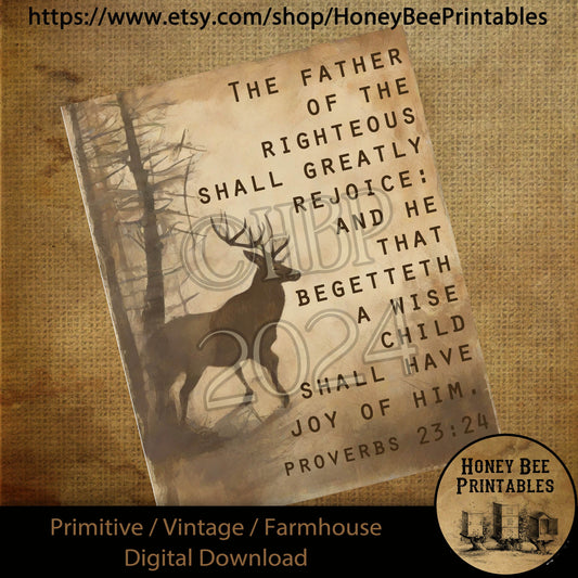 Vintage Digital Download Printable Sublimate Decoupage Primitive, Summer, Father, Dad, Father's Day, Buck, Deer, Hunting, Proverbs 23