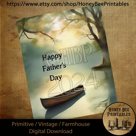 Vintage Digital Download Printable Sublimate Decoupage Primitive, Summer, Father, Dad, Happy Father's Day, Canoe, Lake, Fishing, Sign, Card
