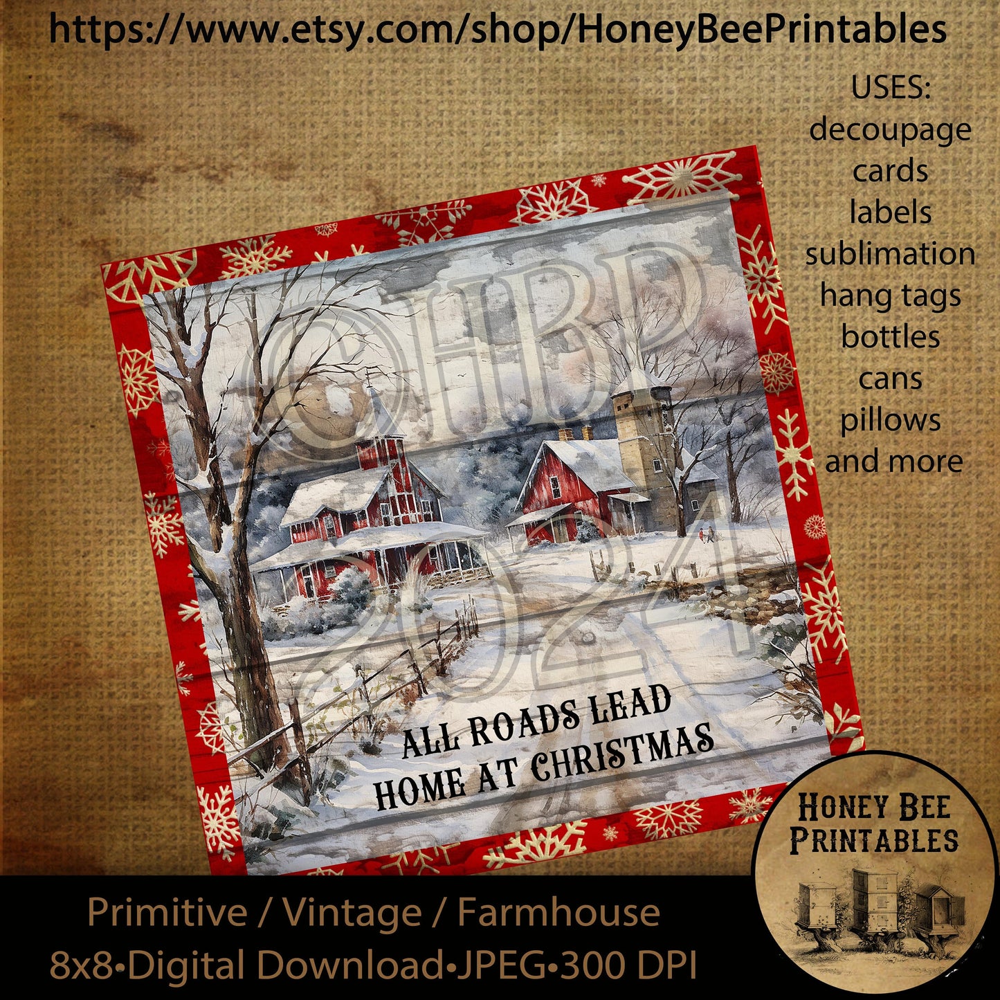 Vintage Primitive Instant Download Printable Decoupage, All Roads Lead Home for Christmas, Snowy Landscape, Red Barn, Red Farmhouse, 8x8
