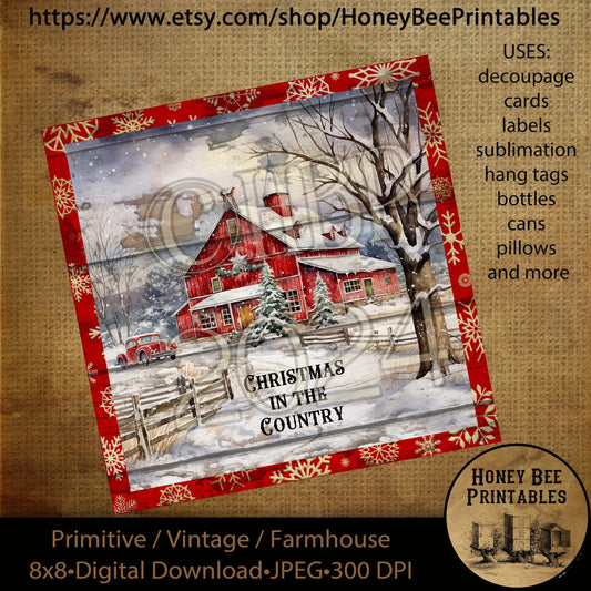 Vintage Primitive Instant Download Printable Decoupage, Christmas in the Country, Snowy Landscape, Red Barn, Red Farmhouse, 8x8