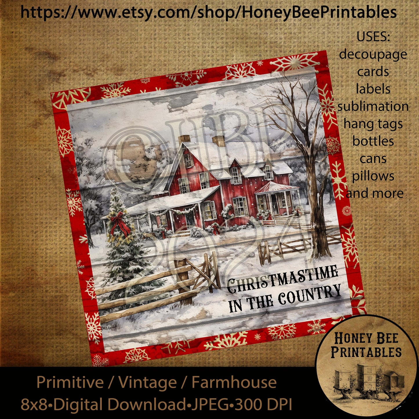 Vintage Primitive Instant Download Printable Decoupage, Christmastime in the Country, Snowy Landscape, Red Barn, Red Farmhouse, 8x8