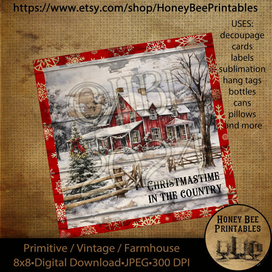 Vintage Primitive Instant Download Printable Decoupage, Christmastime in the Country, Snowy Landscape, Red Barn, Red Farmhouse, 8x8