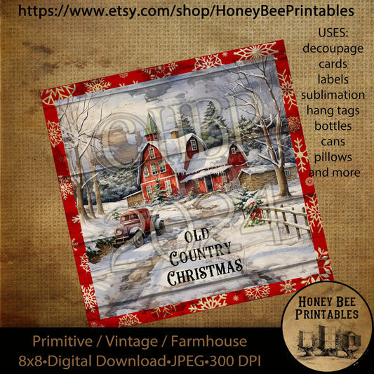 Vintage Primitive Instant Download Printable Decoupage, Old Country Christmas, Snowy Landscape, Red Barn, Red Farmhouse, 8x8