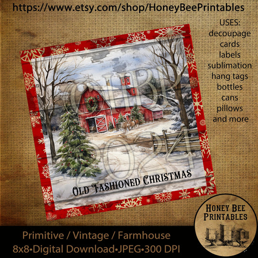 Vintage Primitive Instant Download Printable Decoupage, Old Fashioned Christmas, Snowy Landscape, Red Barn, Red Farmhouse, 8x8