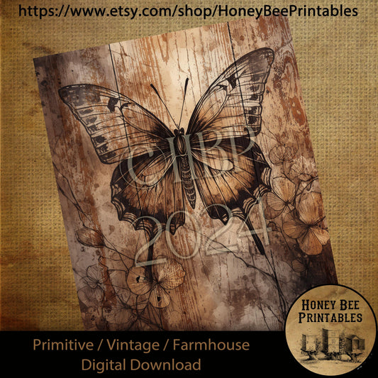 Vintage Digital Download Printable Decoupage Farmhouse, Primitive, Painting, Spring, Summer, Insects, Butterfly, Butterflies, Flowers