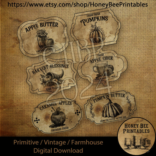Vintage Primitive Farmhouse Digital Download Printable Fall Harvest Thanksgiving Food Pantry Labels -Use on Jars, crock, cans,books and more