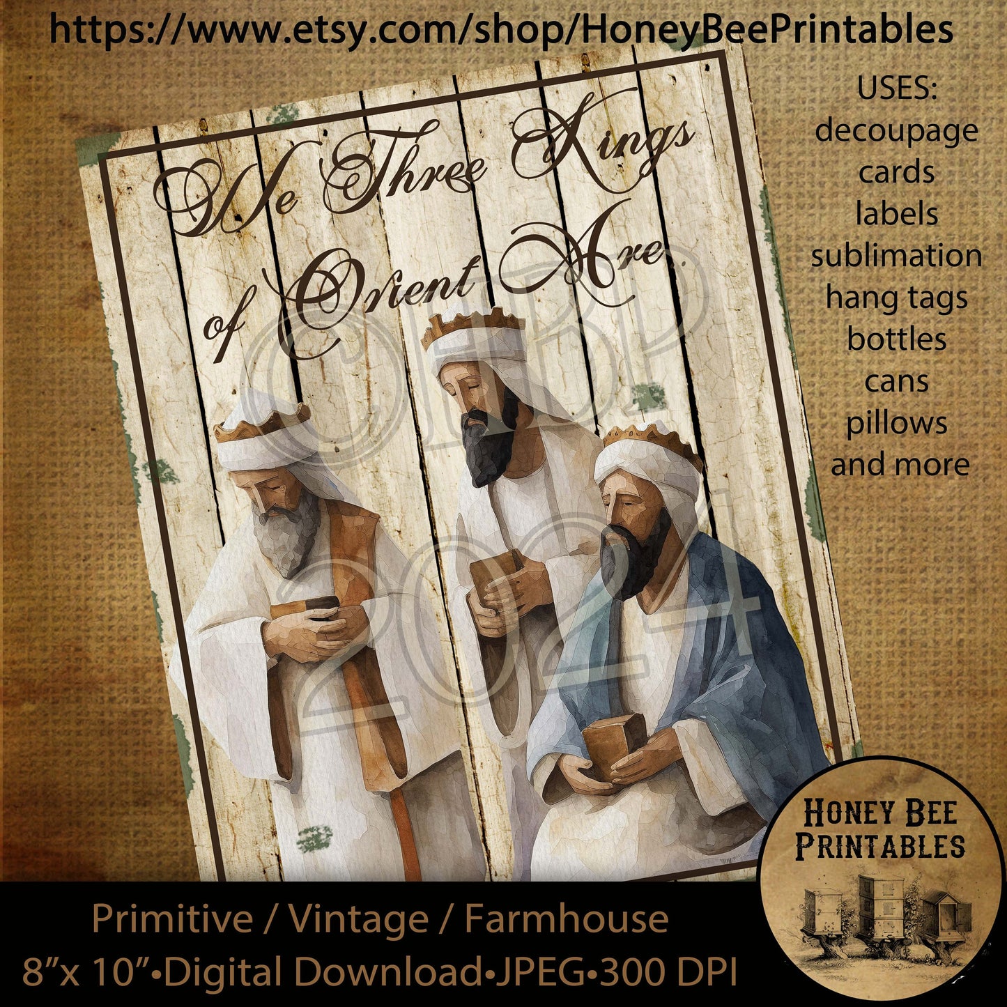 Vintage Primitive Instant Download Printable Decoupage, Vintage Christmas, Country, Nativity, We Three Kings of Orient Are, Birth of Jesus