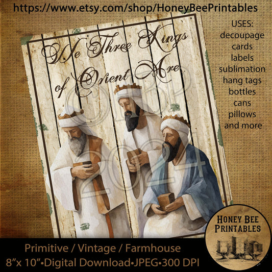 Vintage Primitive Instant Download Printable Decoupage, Vintage Christmas, Country, Nativity, We Three Kings of Orient Are, Birth of Jesus