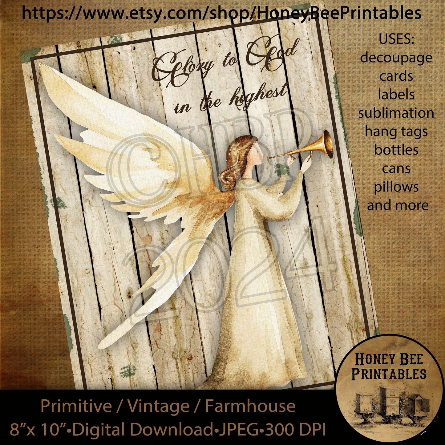 Vintage Primitive Instant Download Printable Decoupage, Vintage Christmas, Country, Nativity, Glory to God in the Highest, Birth of Jesus