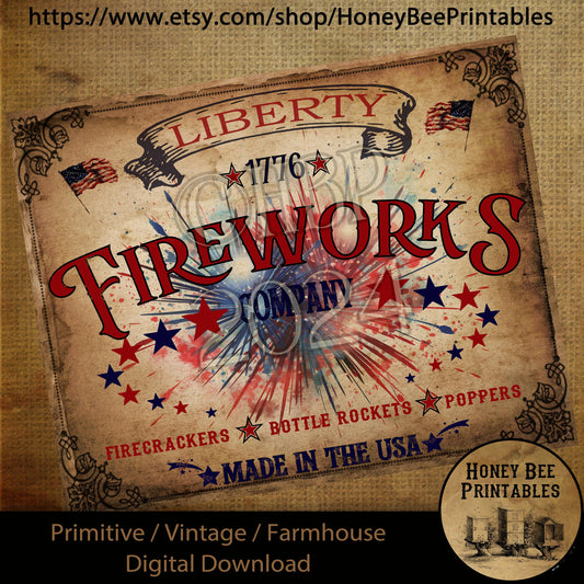 Vintage Primitive Farmhouse Digital Download Printable 8x10 Decoupage Patriotic Americana, Liberty, Fireworks, Firecrackers, 1776, Sign