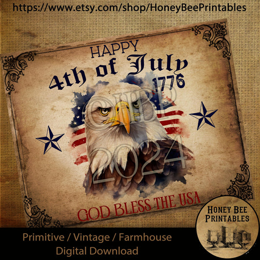 Vintage Primitive Farmhouse Digital Download Printable 8x10 Decoupage Patriotic Americana, 4th of July, God Bless the USA, Eagle, Flag, 1776