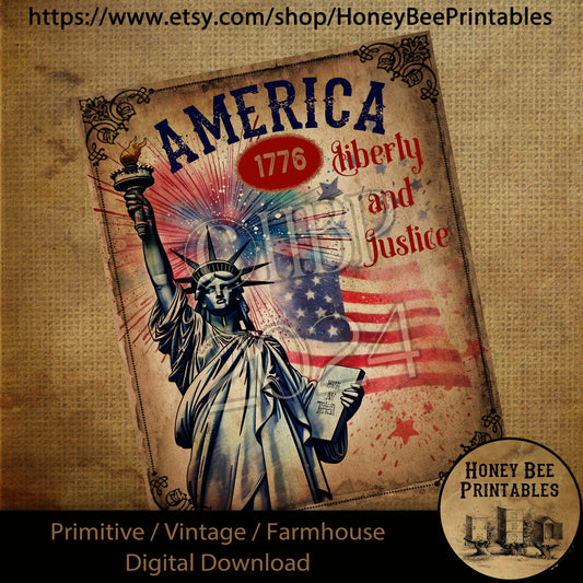 Vintage Primitive Farmhouse Digital Download Printable Decoupage Patriotic America, Liberty, Justice, Lady Liberty, 1776, Flag, Fireworks