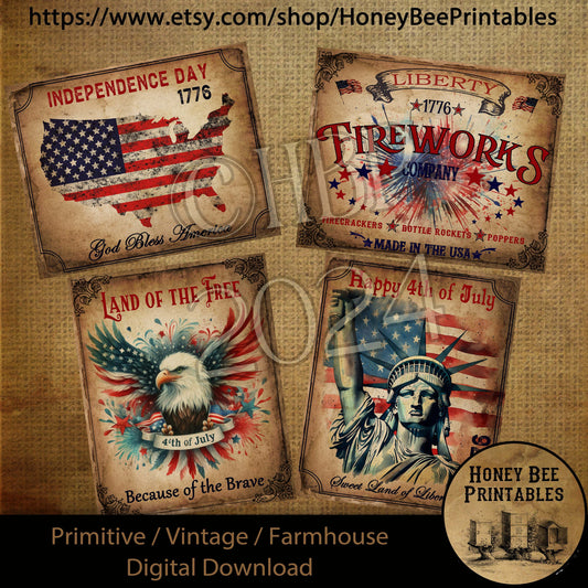 Vintage Primitive Farmhouse Digital Download Printable Decoupage Patriotic, America, Liberty, Eagle American Flag, Fireworks, 1776, Labels