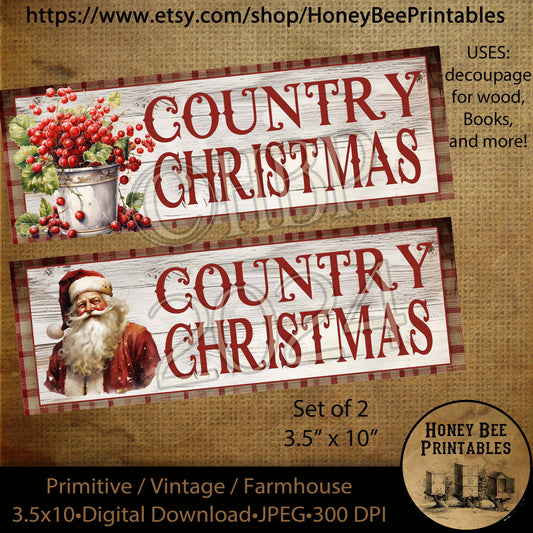 Vintage, Primitive or Farmhouse Digital Download, Printable, Decoupage, Collage Sheet, Block Art, Christmas in the Country, Santa, Berries